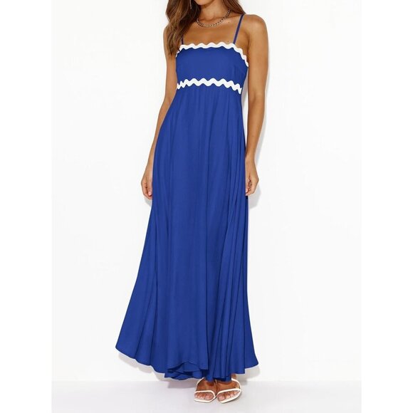 ✨Women Blue Spaghetti Strap Maxi 2025 Summer Casual Sleeveless Smocked Dresses - Picture 2 of 5